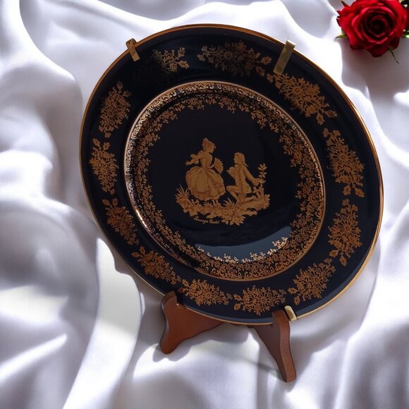 Vintage Limoges Castel France Porcelain Plate - 22K Gold Trim, Cobalt Blue, 8.5" - Picture 2 of 9